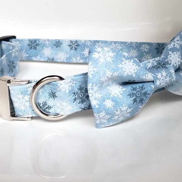 Snowflakes Collar with Bow tie, Winter dog collar, snowflakes dog collar, snowflakes dog bow tie, winter dog bow tie, dog collar, dog bow