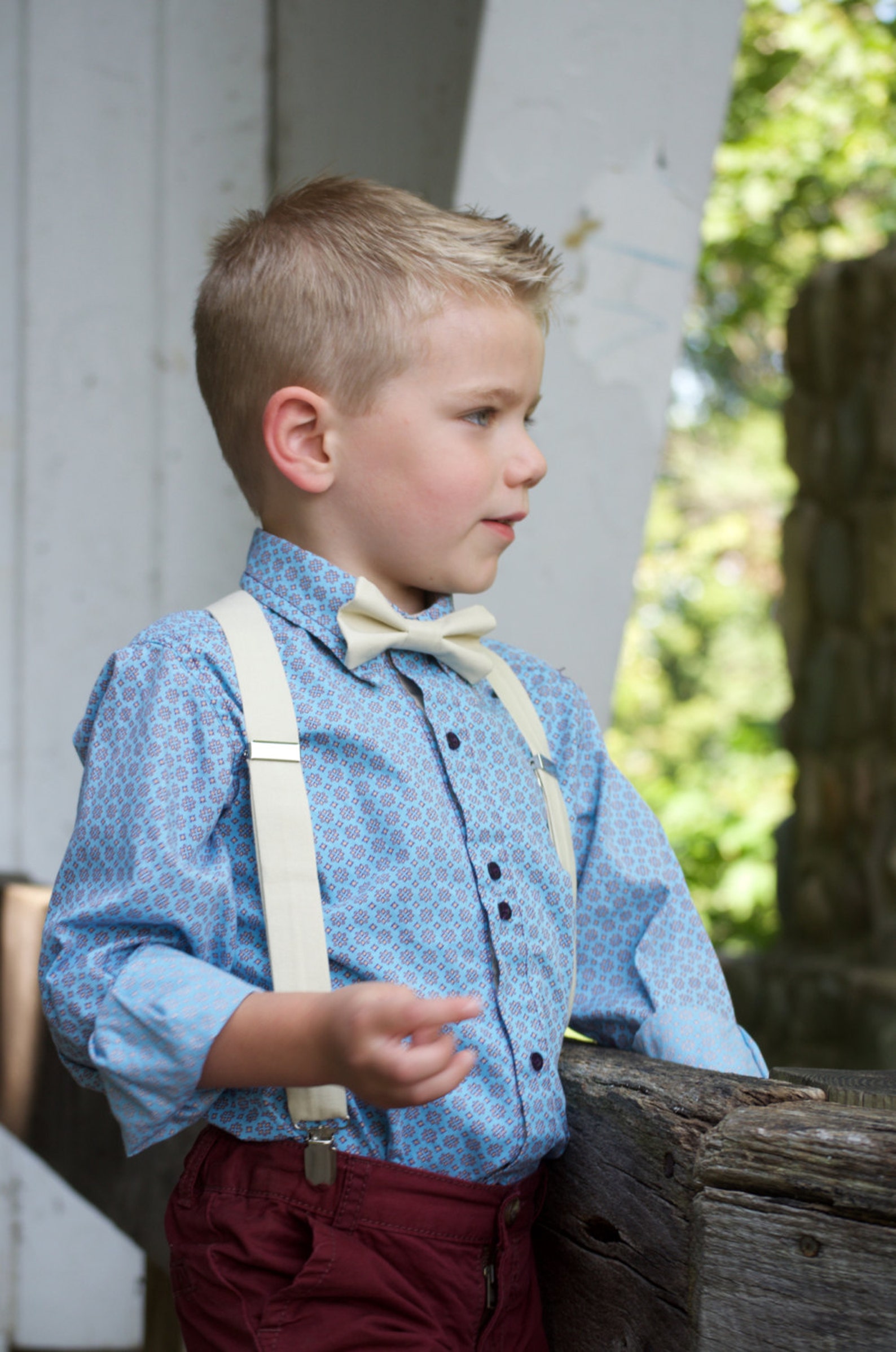 champagne colored bow tie and suspenders