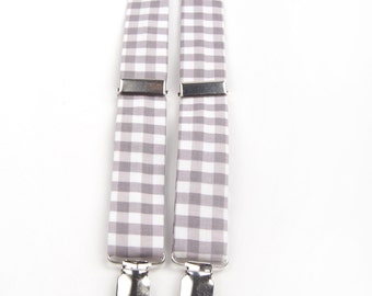 Grey Gingham Suspenders, grey and white suspenders, grey check suspenders, boys suspenders, men's suspenders, adult suspenders, boys braces