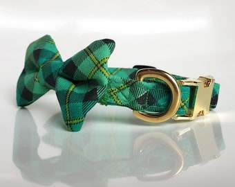 Green plaid dog collar, irish plaid Dog Collar, plaid Cat collar, dog collar and bow tie, plaid dog bow tie, green plaid cat collar, pet bow