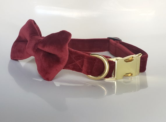 Burgundy & Gold Bowtie Plaid Adjustable Dog Collar Martingale Collar or  Side Release Buckle Collar Metallic Gold / Reds Holiday Plaid 