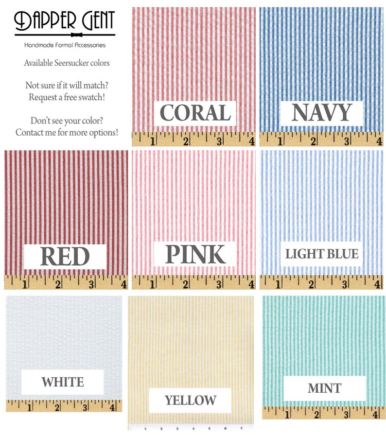 Puede incluir: Cartas de muestra que muestran diferentes colores de tejido de seersucker. Los colores son: rojo, rosa, coral, azul marino, azul claro, blanco, amarillo y menta. Cada muestra de color est&aacute; etiquetada con el nombre del color y tiene una regla debajo.