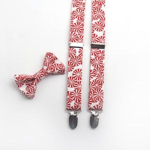 Peppermints Bow Tie & Suspenders Set, christmas bow tie, christmas suspenders, holiday bow tie, holiday braces, men&#39;s bow tie, kids bow tie
