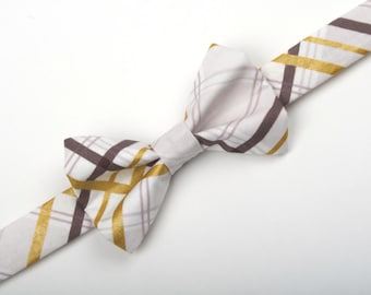Taupe Plaid Bow Tie, Gold plaid bow tie, lavender plaid bow tie, boy's bow tie, men's bow tie, purple plaid bow tie, taupe and gold bow tie