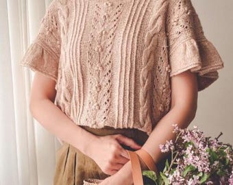 Cable Lace Knit Top Pattern | Short Sleeve Sweater Knitting PDF (Intermediate)