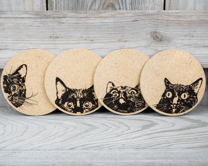 Cork Coasters Curious Cat Cute Set of 4 image 1