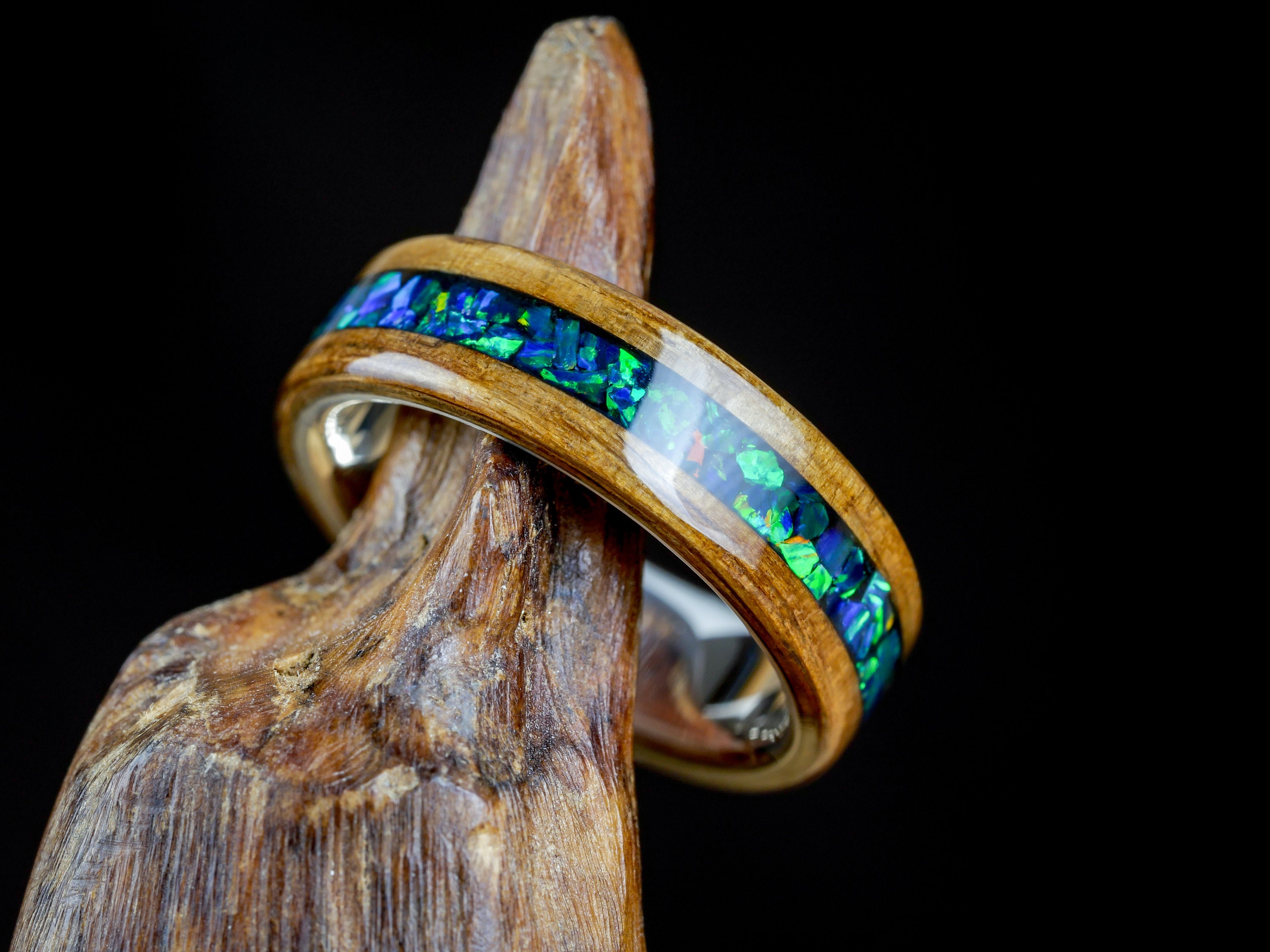 Wood Ring / Emerald Opal Inlay / Bentwood / Sterling Silver / Etsy