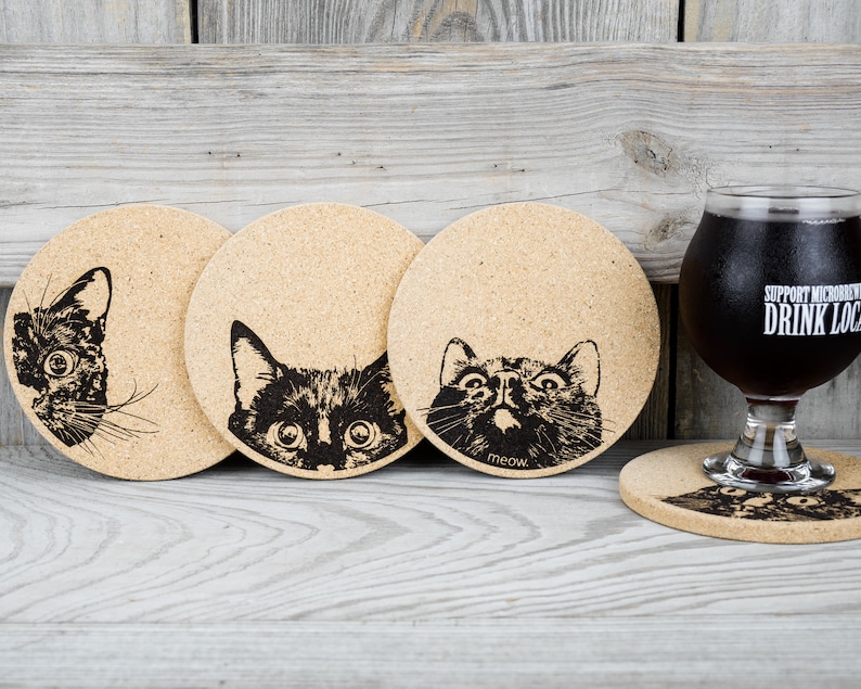 Cork Coasters Curious Cat Cute Set of 4 image 2