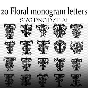 Może przedstawiać: Czarno-białe kwiatowe litery monogramu w kształcie litery "T". Obraz zawiera 20 różnych wzorów, każdy z unikalnym układem kwiatowym. Tekst u góry brzmi "20 Floral monogram letters" i wymienia typy plików.