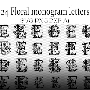 May include: Black and white floral monogram letters in the shape of the letter "E". The image shows 24 different designs, each with a unique arrangement of roses and vines. The text at the top reads "24 Floral monogram letters".