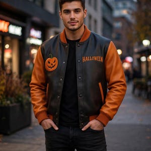 Unisex Halloween Varsity Jacket - Black Orange Leather Letterman Jacket - Pumpkin Bomber Jacket - Couple Halloween Gift