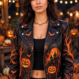 Chaqueta de piel sintética estilo motera para mujer / Chaqueta con estampado de castillo de calabazas espeluznantes / Chaqueta corta con murciélagos de Jack O' Lantern / Conjunto de Halloween