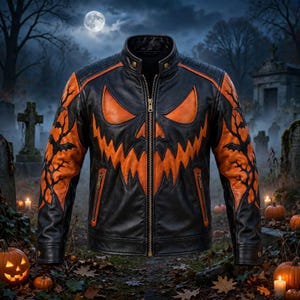 Halloween Leather Jacket - Pumpkin Face Jack O Lantern Biker Jacket | Spooky Bat Moto Jacket | Unisex Scary Costume Jacket