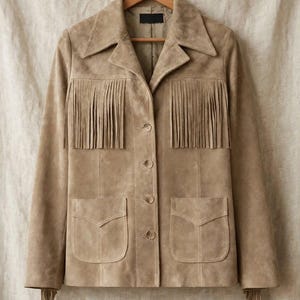 May include: A tan suede jacket featuring a pointed collar, long sleeves, and a button-front closure. The garment includes two front patch pockets with flaps and decorative fringe detailing across the chest and at the sleeve cuffs.