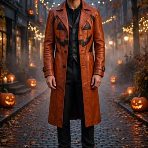 Op de afbeelding: Een lange, lichtbruine leren trenchcoat met zwarte pompoengezicht-uitsnijdingen op de borst, gedragen over een zwart vest met knopen, een zwarte broek en bruine veterschoenen. De jas heeft een brede kraag, lange mouwen en knopen.