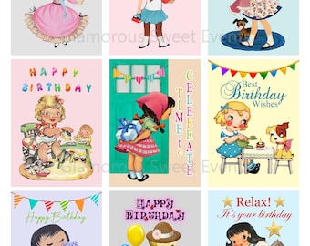 INSTANT DOWNLOAD, Retro Birthday Children, Vintage Birthday cards, Digital Collage Sheet, Printable, Atc Aceo
