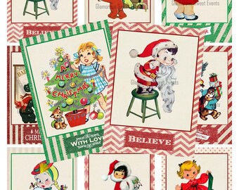 DIREKT NEDLADDNING, Vintage julkort, juletiketter, juletiketter, högtidskort, presentetiketter, digitalt kollageark, utskrivbart