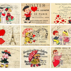 DESCARGA INSTANTE, Tarjetas de San Valentín de París 2.5x3.5, Tarjetas de San Valentín de Francia, Hoja de Collage Digital, Imprimible