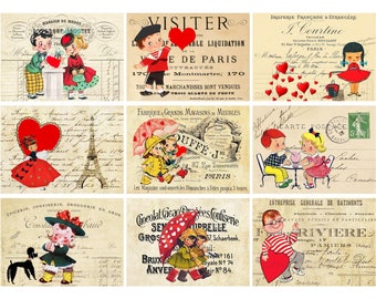 May include: Nine vintage Valentine's Day themed images with a red heart motif. The images feature a variety of designs, including a couple under an umbrella, a girl with a red heart, and a girl with a poodle. The images are printed on a cream-colored background with black text.