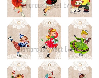INSTANT DOWNLOAD, Christmas Tags, Ice Skating Tags, Christmas Gift Tags,  Digital Collage Sheet, Holiday Tags, Christmas Label