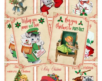 DOWNLOAD IMMEDIATO, Cartoline di Natale vintage, Cartoline di Natale con gatti, Cartoline di Natale per bambini retrò, Foglio di collage digitale, Stampabile