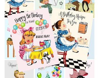 INSTANT DOWNLOAD, Vintage Birthday Cards, Retro Children, Printable Collage Sheet