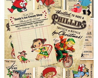 INSTANT DOWNLOAD, Vintage Christmas Cards, Christmas Labels, Christmas Gift Tags, Collage Sheet, Retro Christmas Cards, Atc Cards, Printable