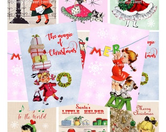 DIREKT NEDLADDNING, Digitalt Collageark, Vintage Julbarn, Juletiketter, Juletiketter, Utskrivbara