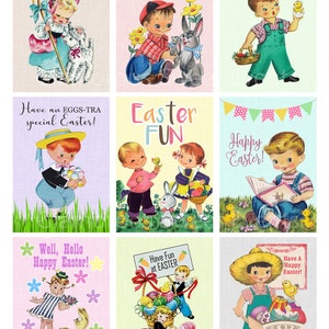May include: Nine vintage Easter cards featuring children and bunnies. The cards have a variety of pastel colors and feature text such as "Happy Easter", "Easter Fun", and "Have an EGGS-TRA special Easter!"