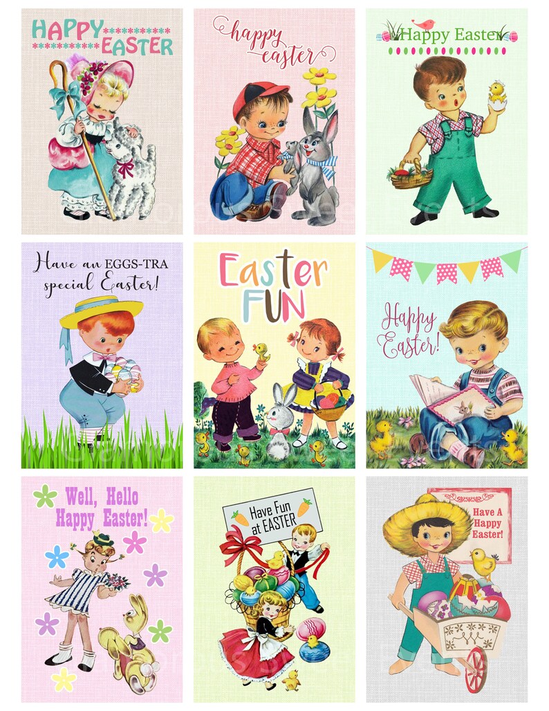 May include: Nine vintage Easter cards featuring children and bunnies. The cards have a variety of pastel colors and feature text such as "Happy Easter", "Easter Fun", and "Have an EGGS-TRA special Easter!"