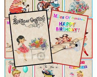 INSTANT DOWNLOAD, Vintage Children Birthday Cards, Digital Collage Sheet, Retro Kids, Printable