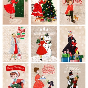 May include: Nine vintage Christmas card designs featuring illustrations of women, snowmen, and other holiday imagery. The cards have a retro aesthetic and feature text such as "Merry Christmas" and "The Magic of Christmas".