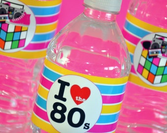 INSTANT DOWNLOAD, 80's Theme Party Water Bottle Labels - Printable, 1980 water labels