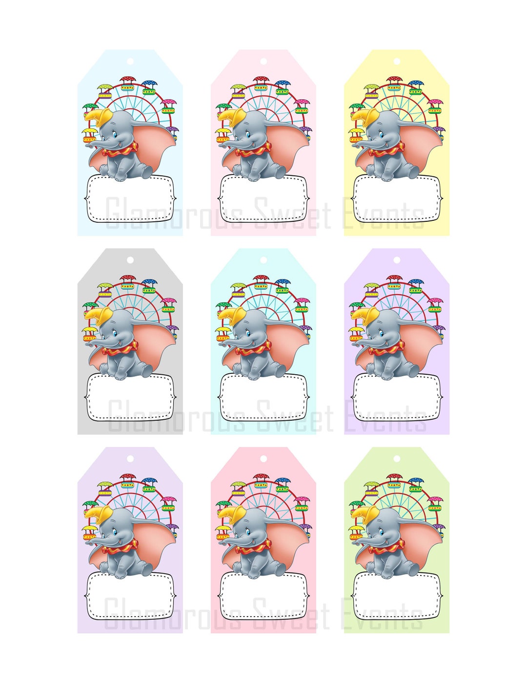 INSTANT DOWNLOAD, Dumbo Gift Tags, Dumbo Favor Tags, Dumbo Blank Tags ...