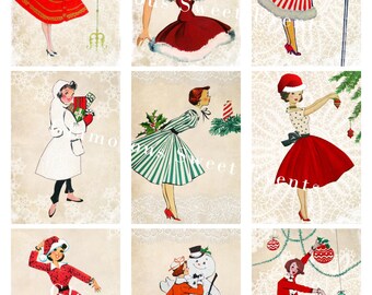 May include: Nine vintage-style Christmas illustrations featuring women in festive attire. The images showcase women decorating trees, holding gifts, and interacting with snowmen. The color palette includes red, green, and white, with a vintage lace background.