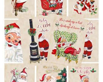 DIREKT NEDLADDNING, Vintage jultomtekort, juletiketter, juletiketter, digitalt collageark