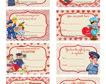 May include: Set of eight printable Valentine's Day cards featuring a vintage police officer theme. Each card has a different message, such as "You've stolen my heart" and "You have the right of way to my heart".