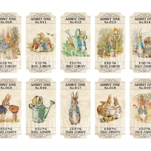 SOFORTIGER DOWNLOAD, 10 druckbare Peter Rabbit Admit One Tickets, Peter Rabbit Etiketten, Beatrix Potter, Digital Collage Sheet