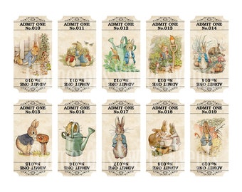 INSTANT DOWNLOAD, 10 Printable Peter Rabbit Admit One Tickets, Peter Rabbit Labels, Beatrix Potter, Digital Collage Sheet