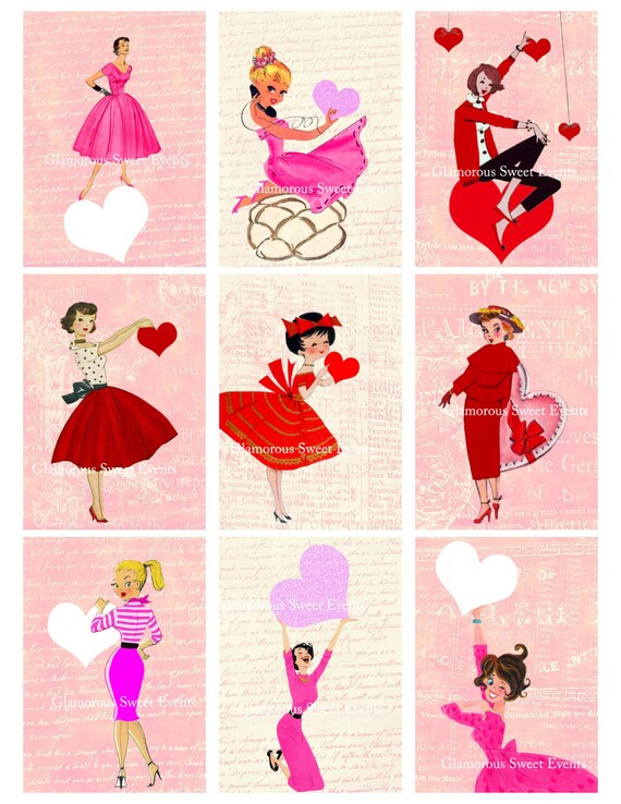 INSTANT DOWNLOAD, Vintage Valentine Cards, Retro Ladies Valentine Cards, Printable  Collage Sheet, Valentine Labels 