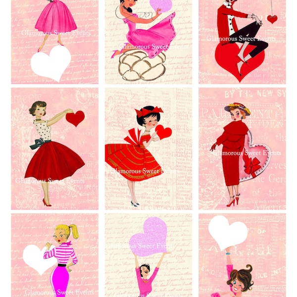 INSTANT DOWNLOAD, Vintage Valentine Cards, Retro Ladies Valentine Cards, Printable Collage Sheet, Valentine Labels