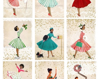 INSTANT DOWNLOAD, African American Christmas Cards, Retro Christmas Labels, Christmas Tags, Holiday Cards, Holiday Tags,