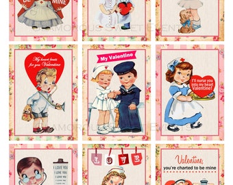 May include: Nine vintage Valentine's Day cards featuring illustrations of children dressed as nurses and doctors. The cards have a pink and white floral background with the text "Happy Valentine's Day!"  "Be Mine" "My heart beats for you Valentine" "My Valentine" "I'll nurse you into my heart Valentine!" "Valentine, you're charted to be mine" and "I love you" repeated multiple times.