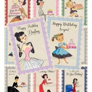 INSTANT DOWNLOAD cartes d'anniversaire vintage, cartes d'anniversaire rétro, feuille de collage numérique, dames rétro, imprimables