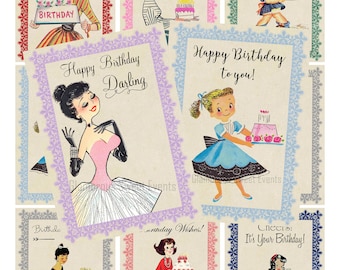 INSTANT DOWNLOAD Vintage Birthday Cards, Retro Birthday Cards, Digital Collage Sheet, Retro Ladies, Printable