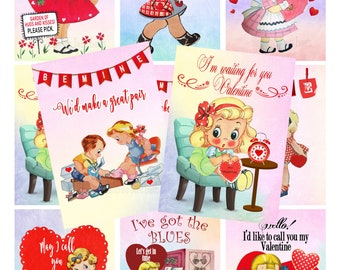 DESCARGA INSTANTE, Tarjetas de San Valentín Vintage, Niños de San Valentín, Hoja de Collage Imprimible