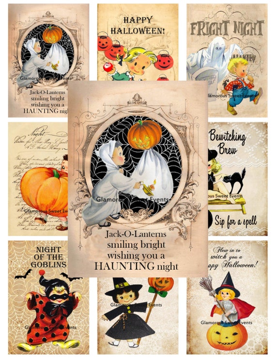 INSTANT DOWNLOAD, Vintage Halloween Cards, Collage Sheet, Halloween Tags, Halloween Labels, Printable, Atc Aceo