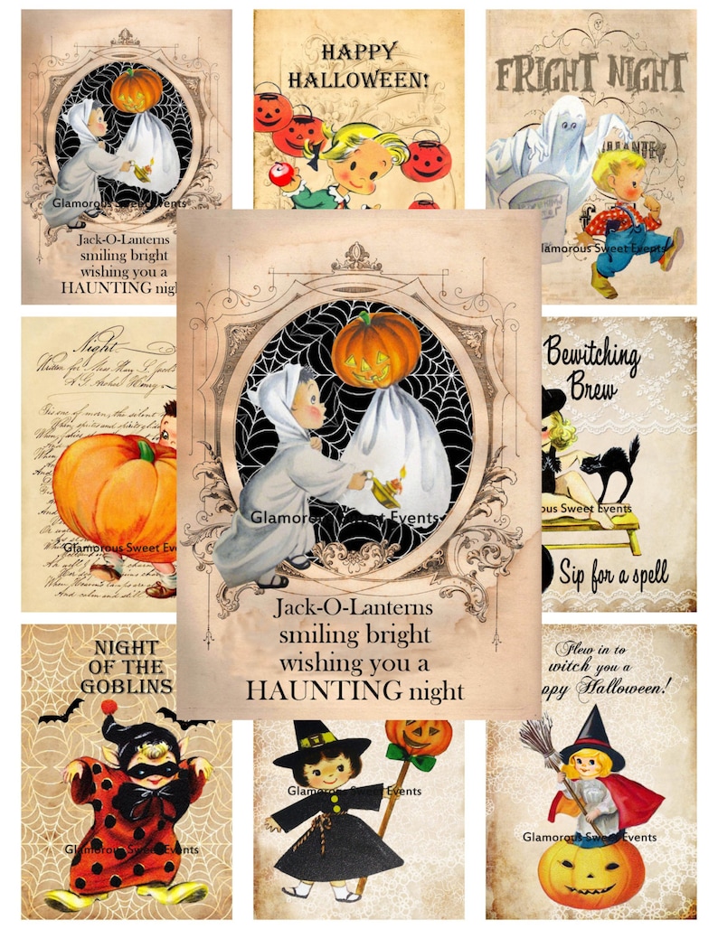 K&ouml;nnte beinhalten: Ein Set aus zehn digitalen Halloween-Papieren im Vintage-Stil mit Illustrationen von Kindern in Kost&uuml;men, K&uuml;rbissen, Geistern und Flederm&auml;usen. Die Papiere haben einen abgenutzten, antiken Look und sind perfekt f&uuml;r Scrapbooking, Kartenherstellung und andere Bastelprojekte.