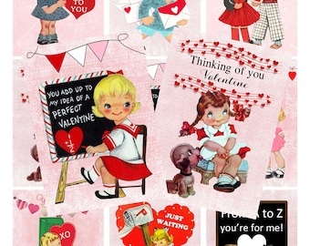 May include: A collection of vintage Valentine's Day cards featuring children and hearts. The cards have a pink background with red and white accents. The text on the cards includes "Happy Valentine's Day!" "For You Valentine" "For My Valentine" "Thinking of you Valentine" "You add up to my idea of a perfect Valentine" "Just Waiting to be your Valentine" "From A to Z you're for me!"