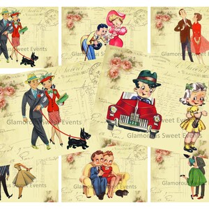 DESCARGA INSTANTE, Parejas en París, Tarjetas de Aniversario, Tarjetas de San Valentín, Tarjetas de Felicitación Retro, Hoja de Collage Digital, Imprimible, Atc, Aceo